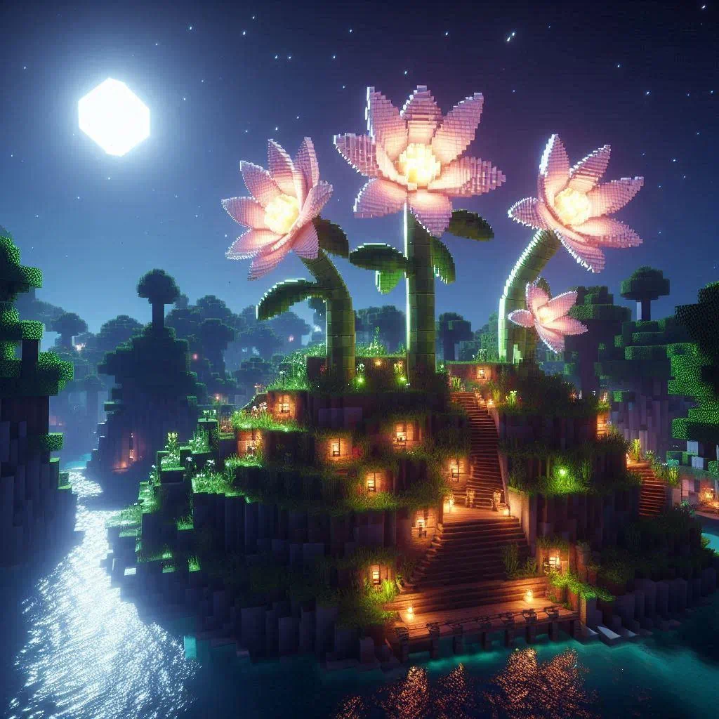 Glowing minecraft mushroom at night.